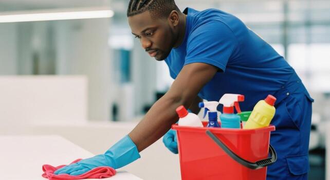 professional african american man cleaning office desk with cloth and cleaning supplies photo